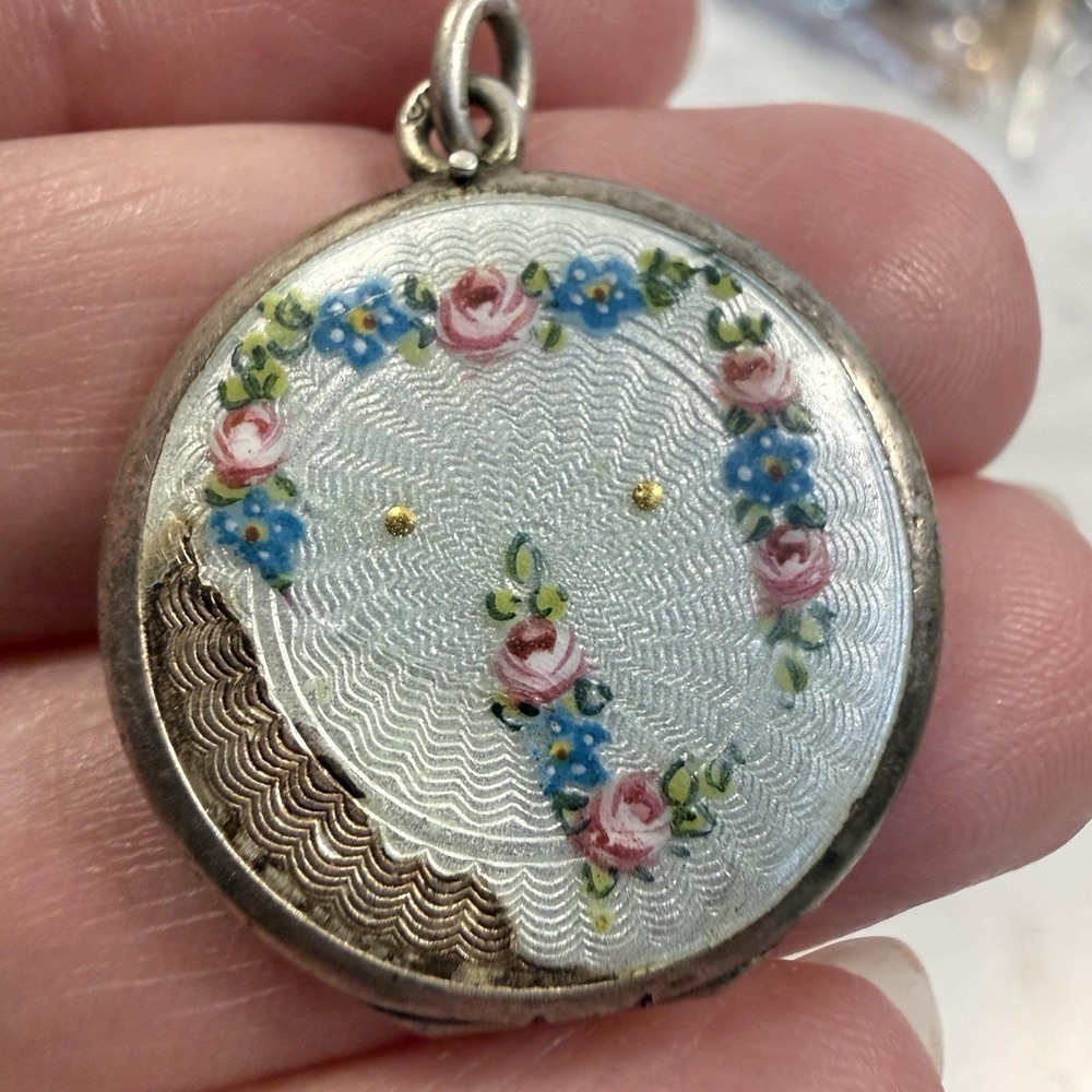 Antique 800 Silver Guilloche Enamel Rose Violet Locket Pendant Damaged 5.3 gr